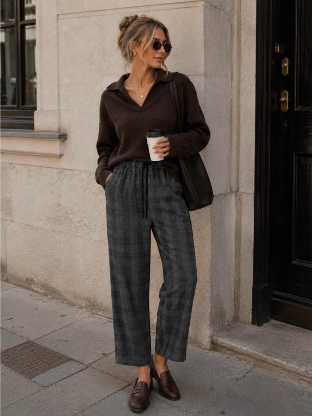 Babaton Charcoal Plaid Wide-Leg Drawstring Pants Size M